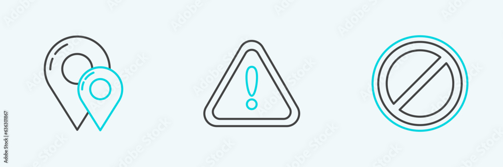 Poster set line stop sign, map pin and exclamation mark triangle icon. vector