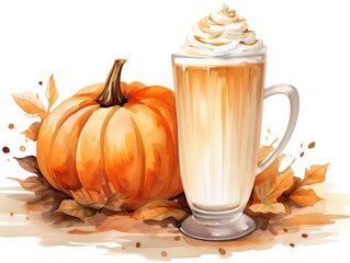 A cup of coffee with whipped cream next to a pumpkin. Digital image.
