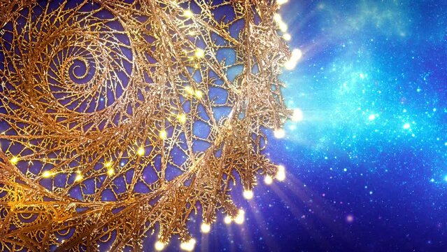 Gold spiral fractal sacred geometry with blue stars space background. The last 8 seconds are loopable.