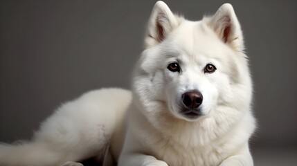 Close up of white Siberian Husky dog sit, relax and pose in studio shot, looking at something, isolated on gray background. Generative AI.