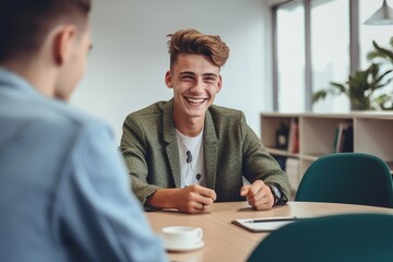 Smiling teenage boy talking with mental health professional while sitting on chair in school office.
