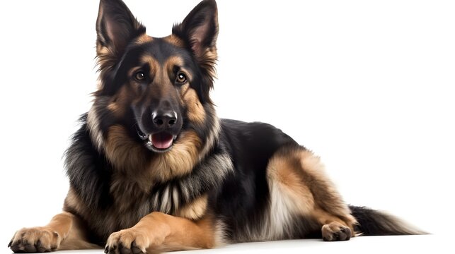 Close Up Brown Black Old German Shepherd Dog Sit, Chill And Relax, Look At Something, Dog Watch, Stare, And Guarding, Studio Shot Isolated On White Background. Generative AI.