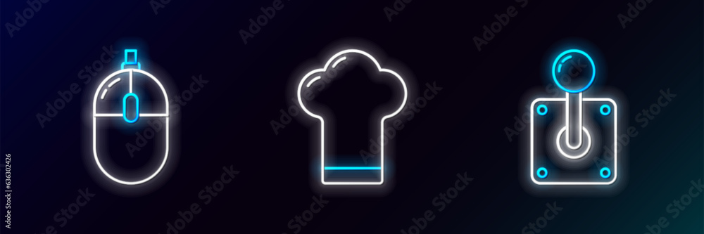 Poster set line joystick for arcade machine, computer mouse and chef hat icon. glowing neon. vector