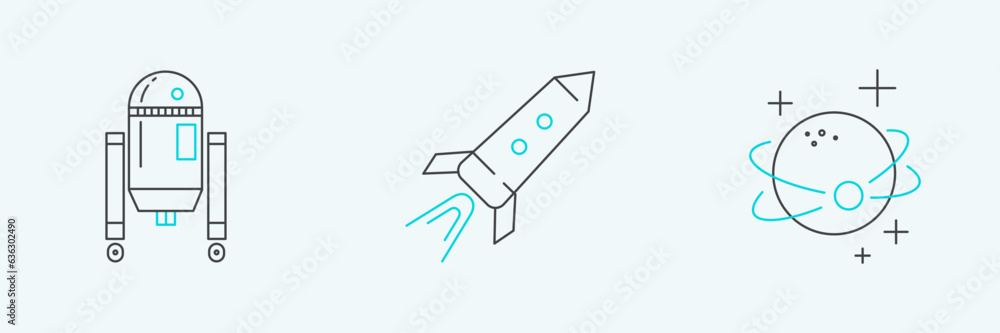 Poster set line planet, robot and rocket ship with fire icon. vector