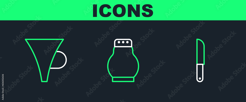 Sticker Set line Knife, Funnel or filter and Salt and pepper icon. Vector