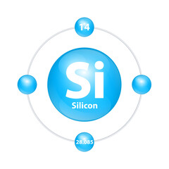 Silicon (Si) Icon structure chemical element round shape circle light blue with surround ring. Period number shows of energy levels of electron. Study science for education. 3D Illustration vector.