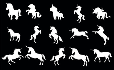Step into a magical realm with this captivating vector illustration of 15 unicorns in various poses. Perfect for fantasy enthusiasts, this black and white design brings the mythical creatures to life.