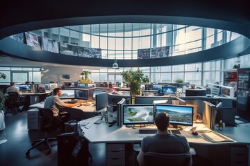 Wide angle view of busy office with workers at desks.