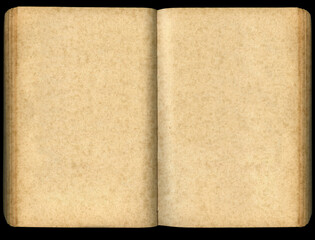 Old yellowed open book on a black background