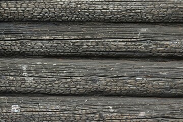 Background, texture of charred wooden logs, wall of a wooden house after a fire