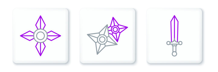 Set line Medieval sword, Japanese ninja shuriken and icon. Vector © Oksana