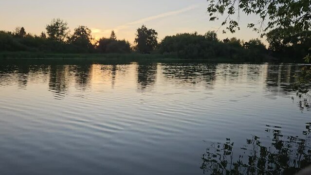 This is a stock video that shows sunset on the river.
