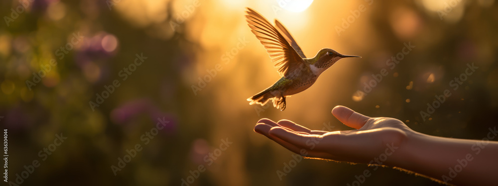 Wall mural A hummingbird landing on a hand in nature