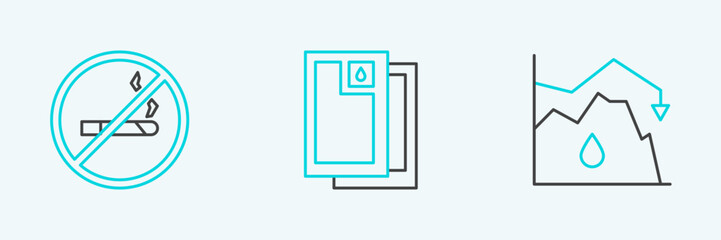 Set line Drop in crude oil price, No Smoking and Barrel icon. Vector