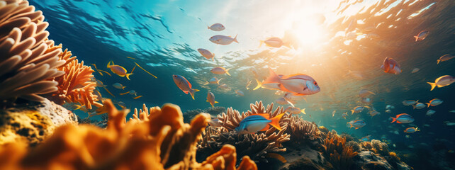 Coral reef with fish in the ocean - obrazy, fototapety, plakaty
