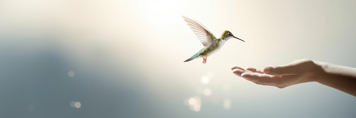 A hummingbird landing on a hand