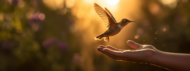 A hummingbird landing on a hand in nature - obrazy, fototapety, plakaty