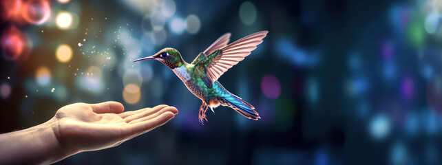 A hummingbird landing on a hand