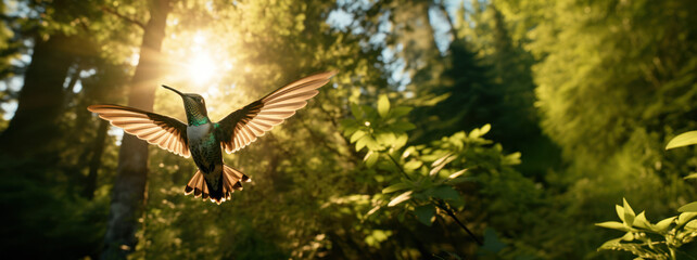 A flying hummingbird in a forest in the morning