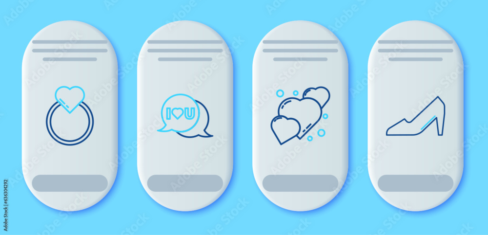 Sticker Set line Speech bubble with I love you, Heart, Wedding rings and Woman shoe icon. Vector