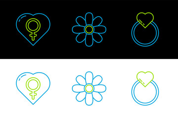 Set line Wedding rings, Female gender heart and Flower icon. Vector