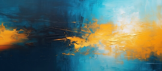 Abstract oil painting with texture on canvas, blue and gold