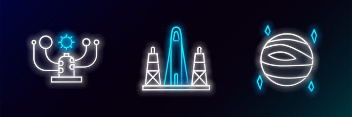 Set line Planet Venus, Solar system and Rocket launch from the spaceport icon. Glowing neon. Vector
