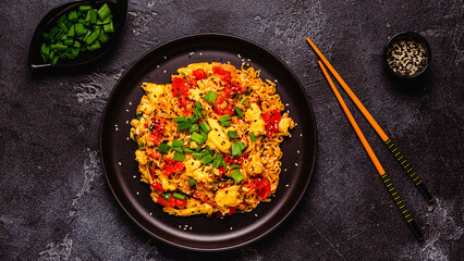 Korean style instant noodle, Shin Ramyeon with tomatoes and scrambled eggs.