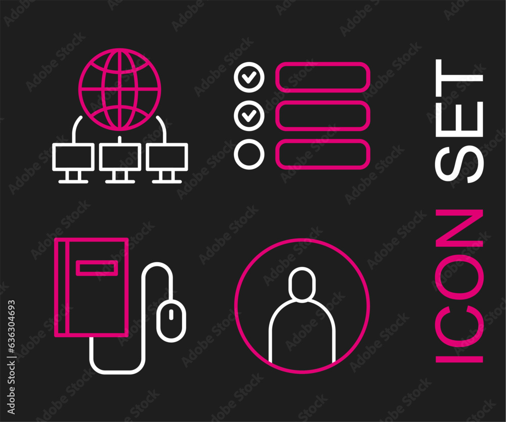 Poster set line create account screen, electronic book with mouse, task list and computer network icon. vec