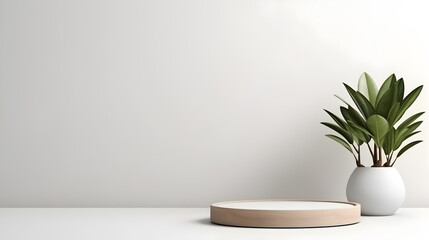 Empty podium for product display, white wall background with plant