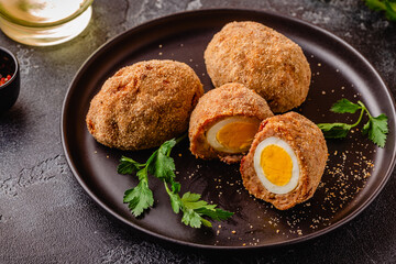 Traditional Scotch Eggs on a black plate.