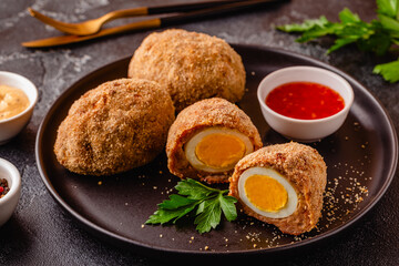 Traditional Scotch Eggs on a black plate.