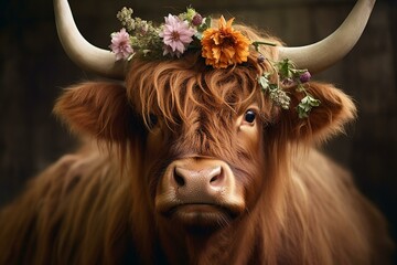 Flower-crowned brown highland cow. Generative AI - obrazy, fototapety, plakaty