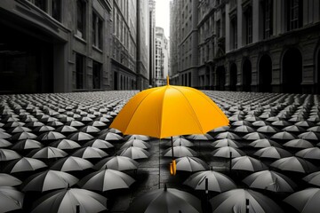 Yellow umbrella on a backdrop of gray umbrellas in the city. Emphasizing business and safety. Generative AI