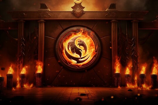 Backdrop featuring Mortal Kombat emblem and fiery flames. Generative AI