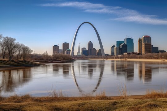 Gateway Arch dominates St. Louis, surrounded by nature and skyscrapers, under the setting sun., generative IA