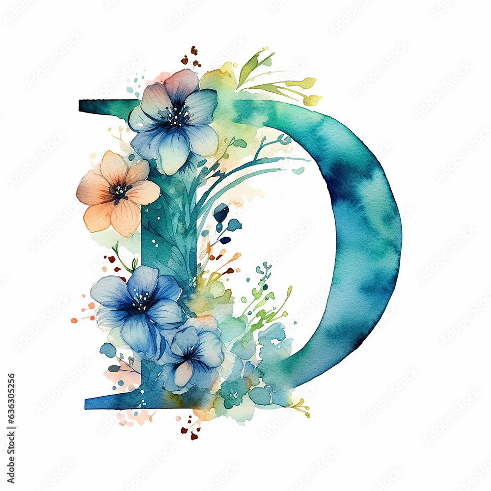 Wall mural letter d generic logo luxury watercolor alcohol ink with flower design