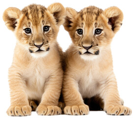 Two cute african lion cubs cuddeling together isolated on a white background as transparent PNG, baby animals © Flowal93