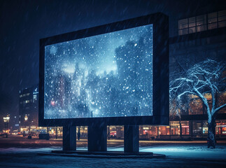 Bright billboard frame located in the winter night cityscape, open canvas for creativity and promotion