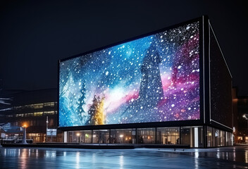 Bright billboard frame located in the winter night cityscape, open canvas for creativity and promotion
