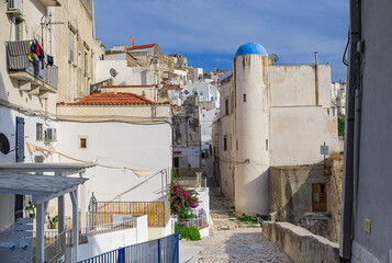 PESCHICI, PUGLIA - ITALY - JULY 7, 2022: Narrow streets with stairs, white houses and flowers in beautiful village in Italy. Gargano, Apulia - Italy