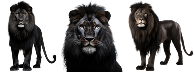 Collection of three black melanistic african lions, animal collection isolated on a white background as transparent PNG