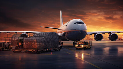 Commercial cargo air freight airplane loaded at airport in the evening, Generative Ai