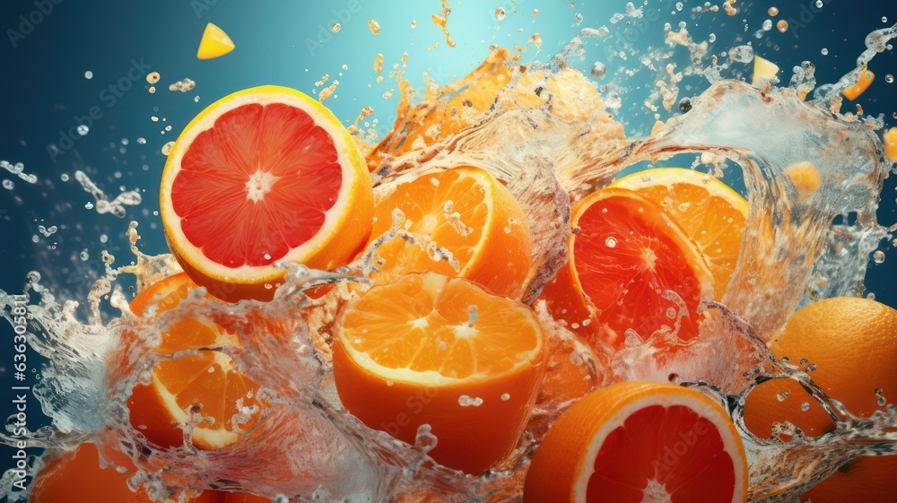 Poster juice splash background with fresh fruits created with generative ai