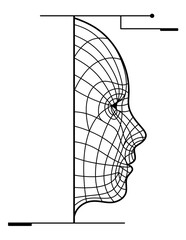 The profile of the face is drawn with lines. The concept of artificial intelligence or virtual assistant or autopilot. Black and white futuristic face logo.