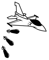 A military aircraft is dropping bombs. War. No war, peace concept illustration. Flying Combat aircraft attack with missiles.