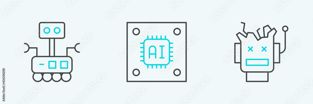 Poster set line broken robot, robot and processor with microcircuits cpu icon. vector
