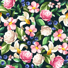 Fototapeta na wymiar Floral pattern with pink, white, and blue flowers and green leaves on a black background. Seamless colorful floral print. Vector illustration