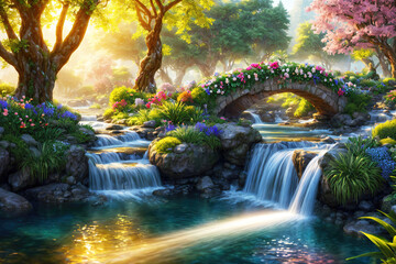 Paradise landscape with beautiful  gardens, waterfalls and flowers, magical idyllic background with many flowers in eden.