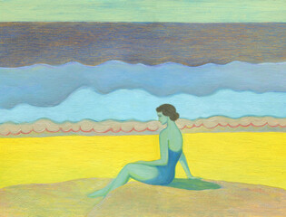 abstract female by the sea. oil painting. illustration